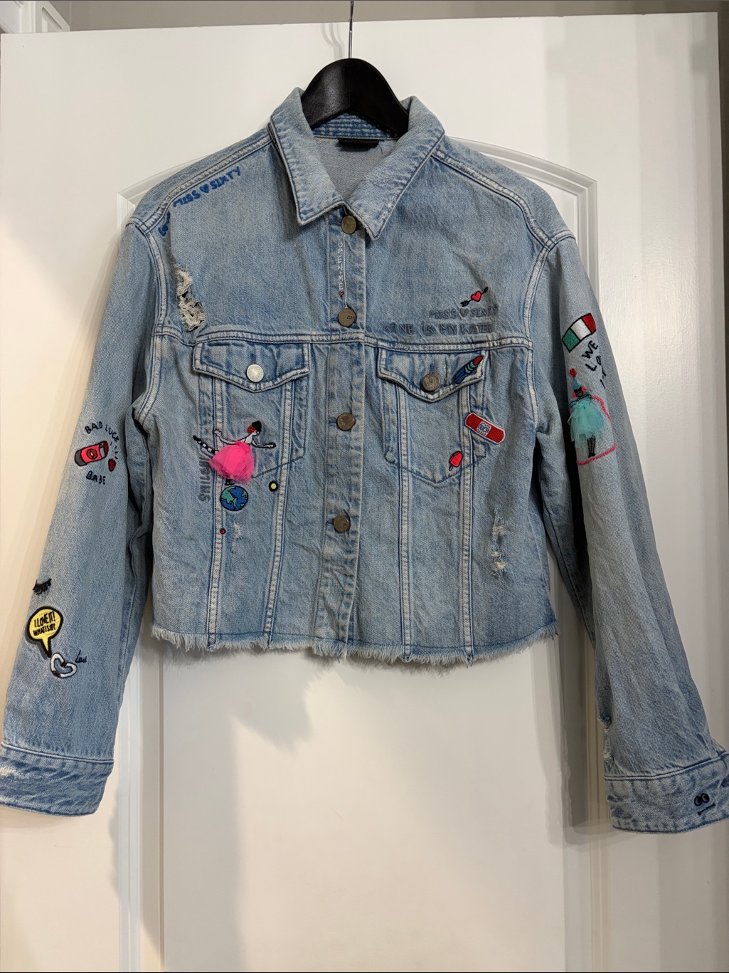 Miss Sixty Light Blue Embroidered Cropped Denim Jacket